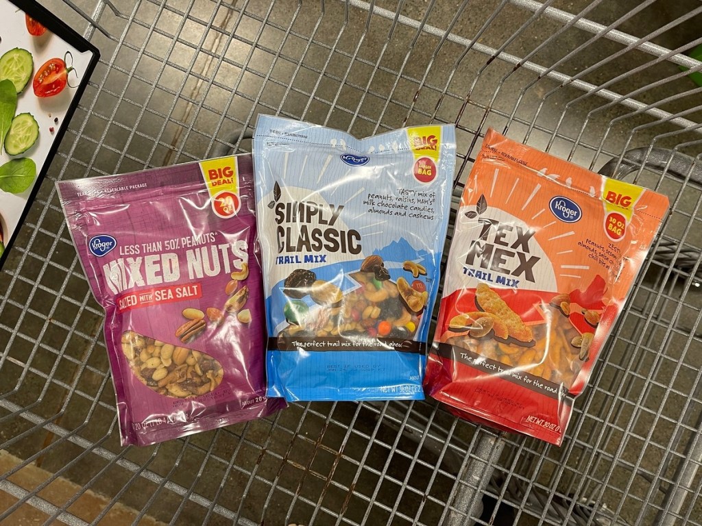 3 bags of trail mix in shopping cart