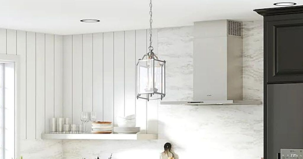 glass hanging light in kitchen