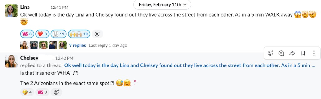slack conversation with people realizing they live close to each other