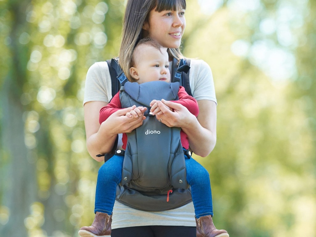 mom with toddler in diono 4-in-1 baby carrier