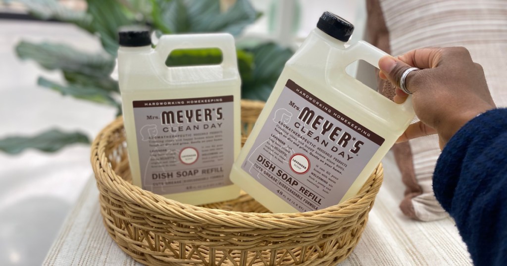 two bottles of mrs meyers soap refills 