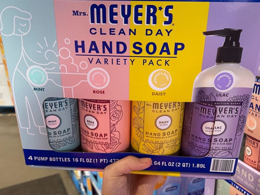 a womans hand displaying a 4 pack of hand soaps in pump bottles