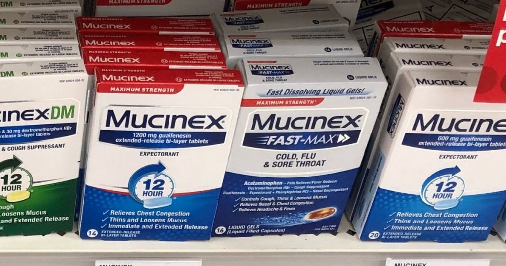 Mucinex boxes on store shelf
