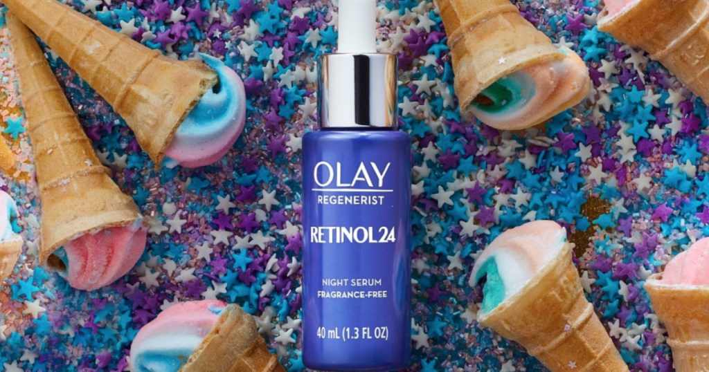 olay serum against a background of ice cream
