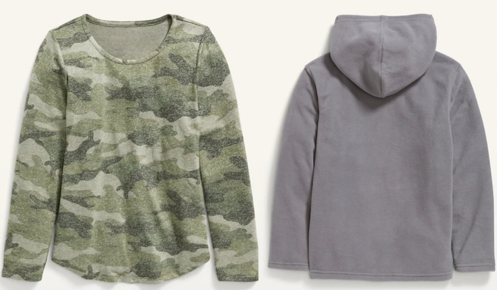 camo top and grey hoodie