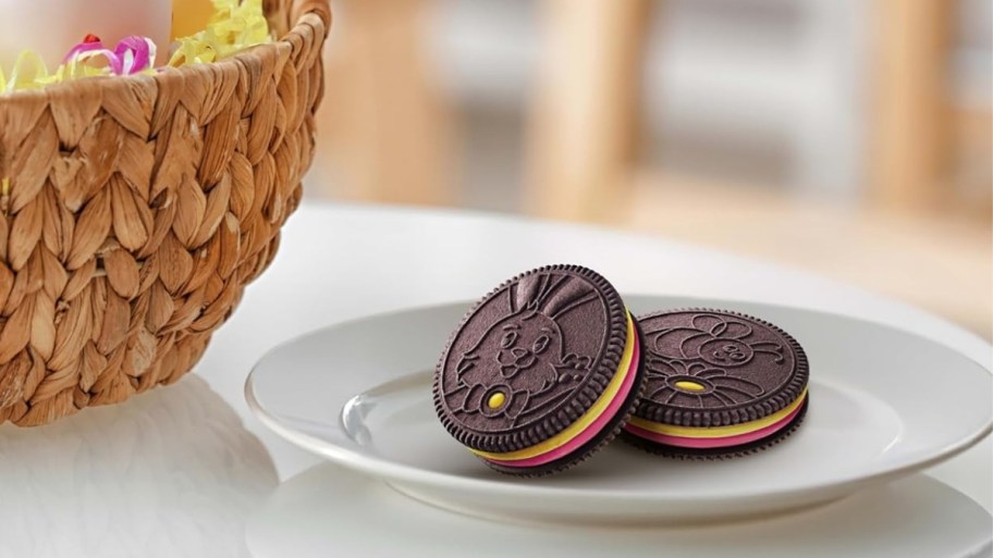 two oreo easter cookies on a plate