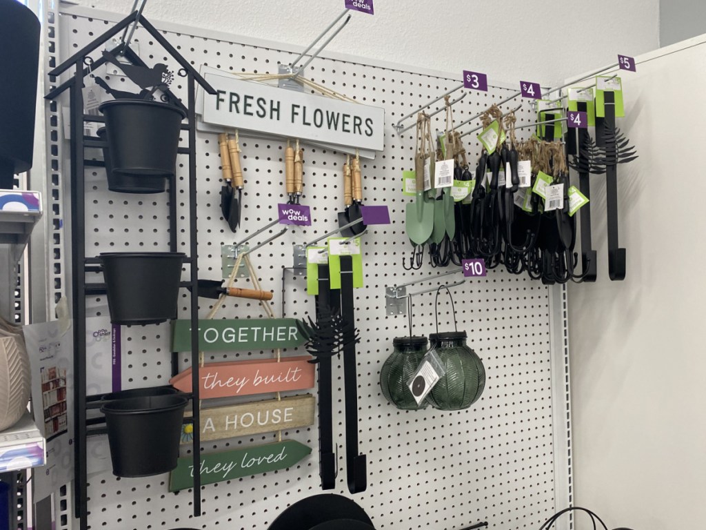 hanging planter, wall decor, and gardening tools in store