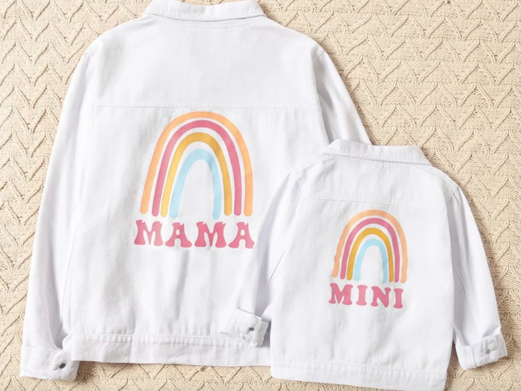 mama & me white jean jackets w/ rainbow