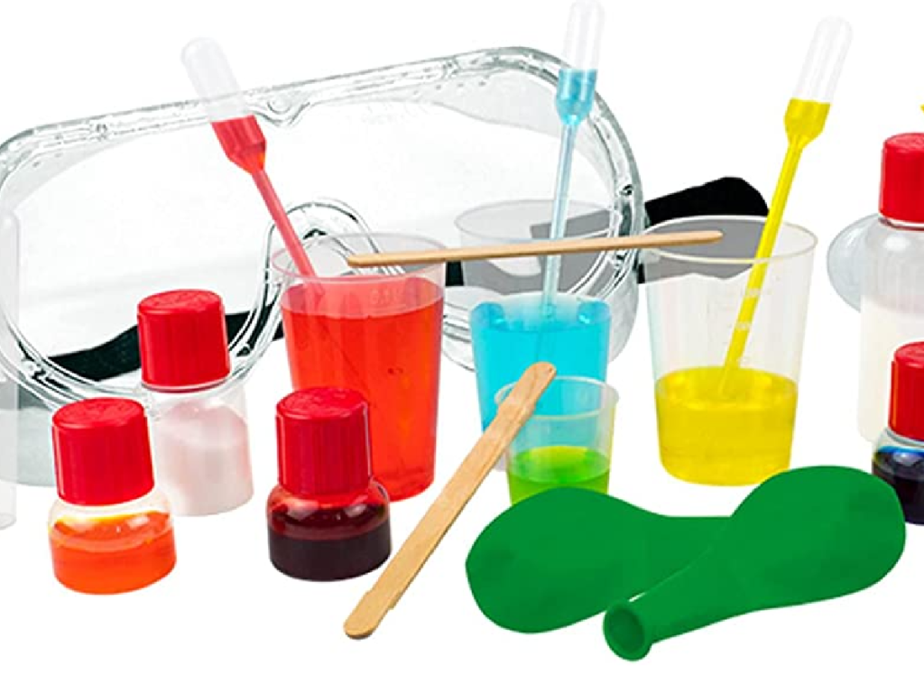 goggles and colored liquids in bottles with balloons