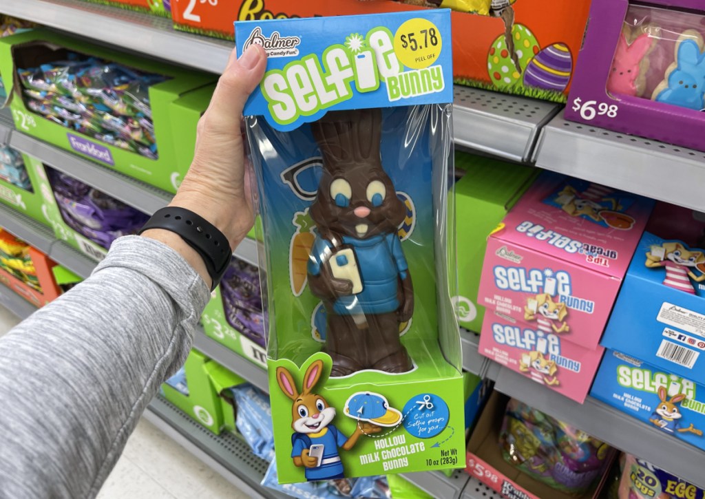 selfie chocolate bunny in hand in walmart