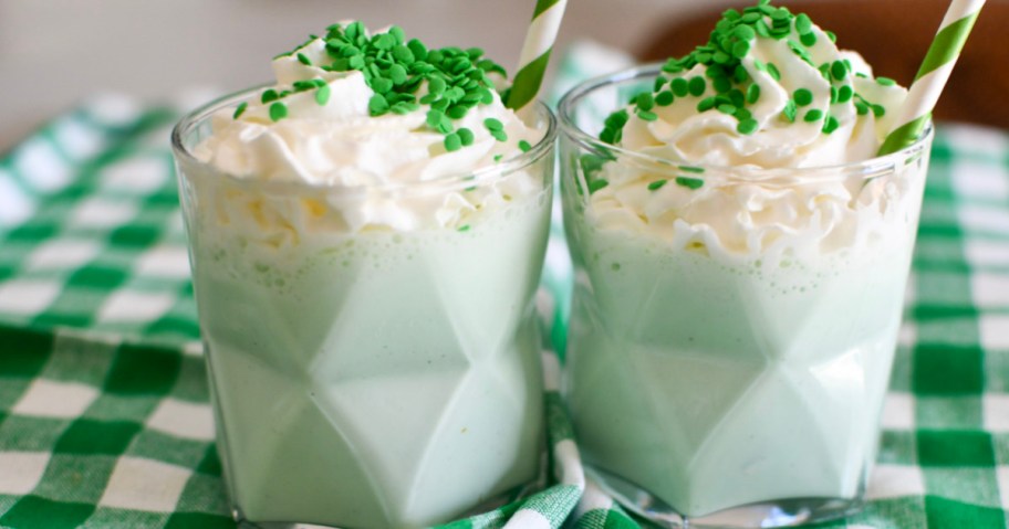 two mcdonalds shamrock shakes made at home using ice cream and mint extract
