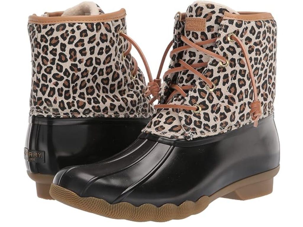 pair of animal print and black Sperry Duck Boots