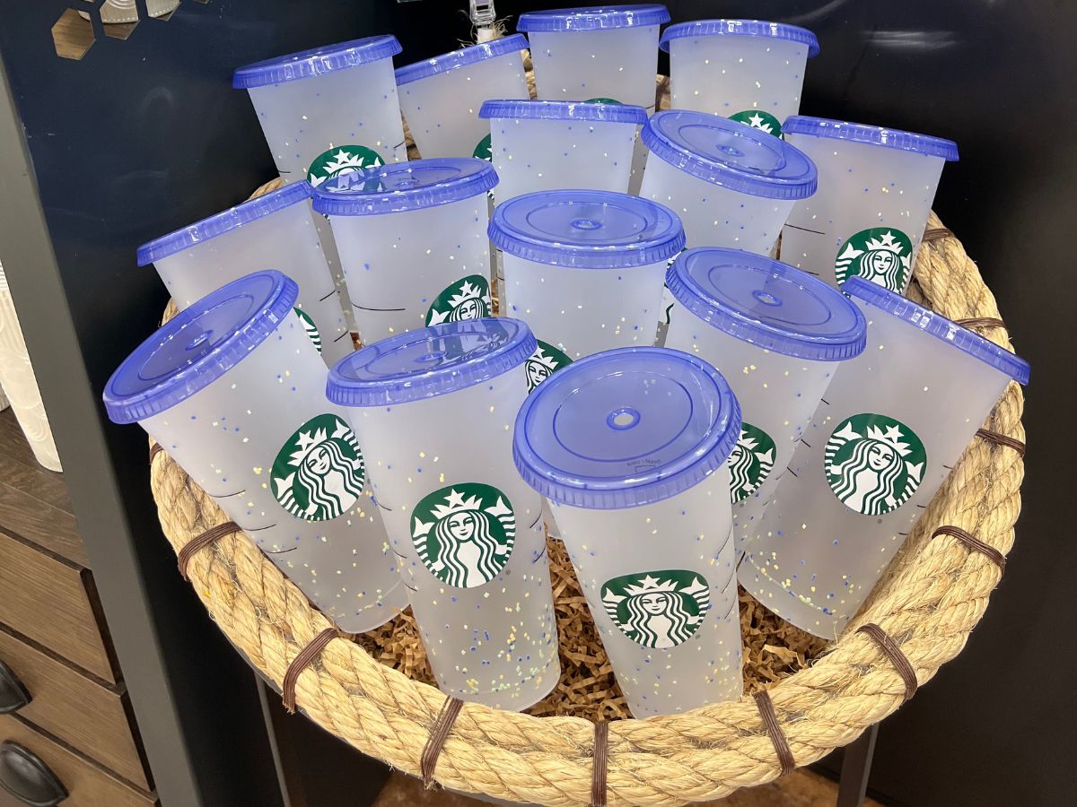 basket filled with Starbucks confetti color changing cups
