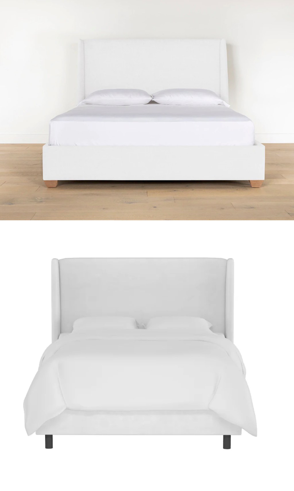 two white upholstered bed frames stock photos studio mcgee dupes