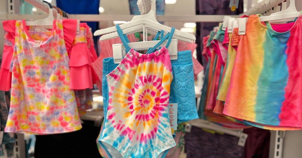 colorful girls swimwear on display at target