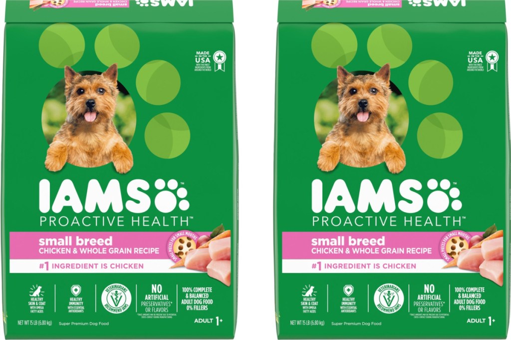two stock images of IAMS PIAMS Adult Small & Toy Breed Dry Dog Food