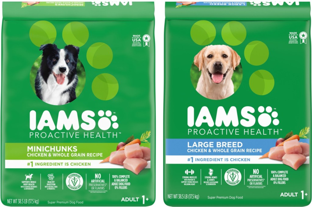 two stock images of Iams large dog food bags