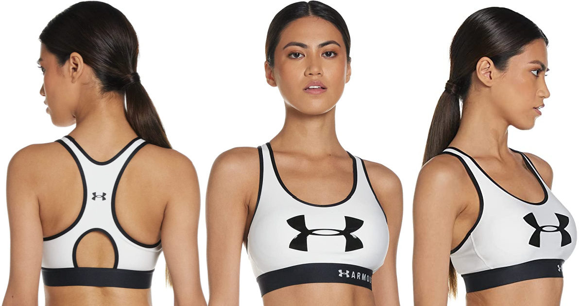 three stock images showing different views of a woman wearing a sports bra