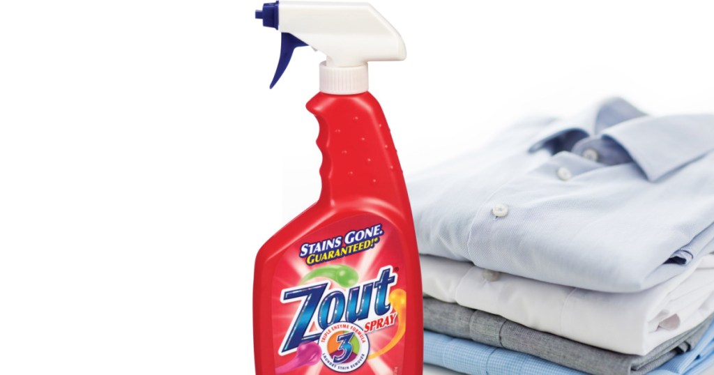 zout stain remover and pile of folded shirts