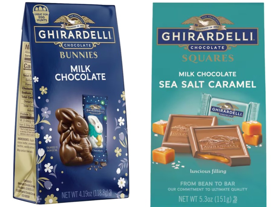 bags of Ghirardelli chocolate bunnies and squares
