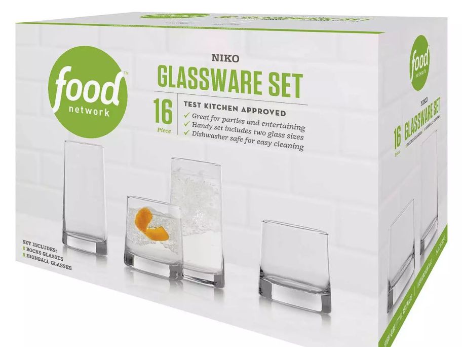 box with Food Network Niko 16-pc. Beverage Set in it
