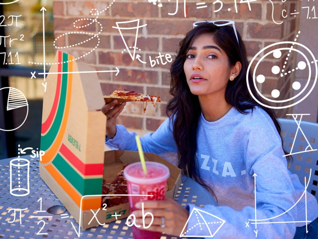 woman eating pizza under overlay of white math equations and illustrations
