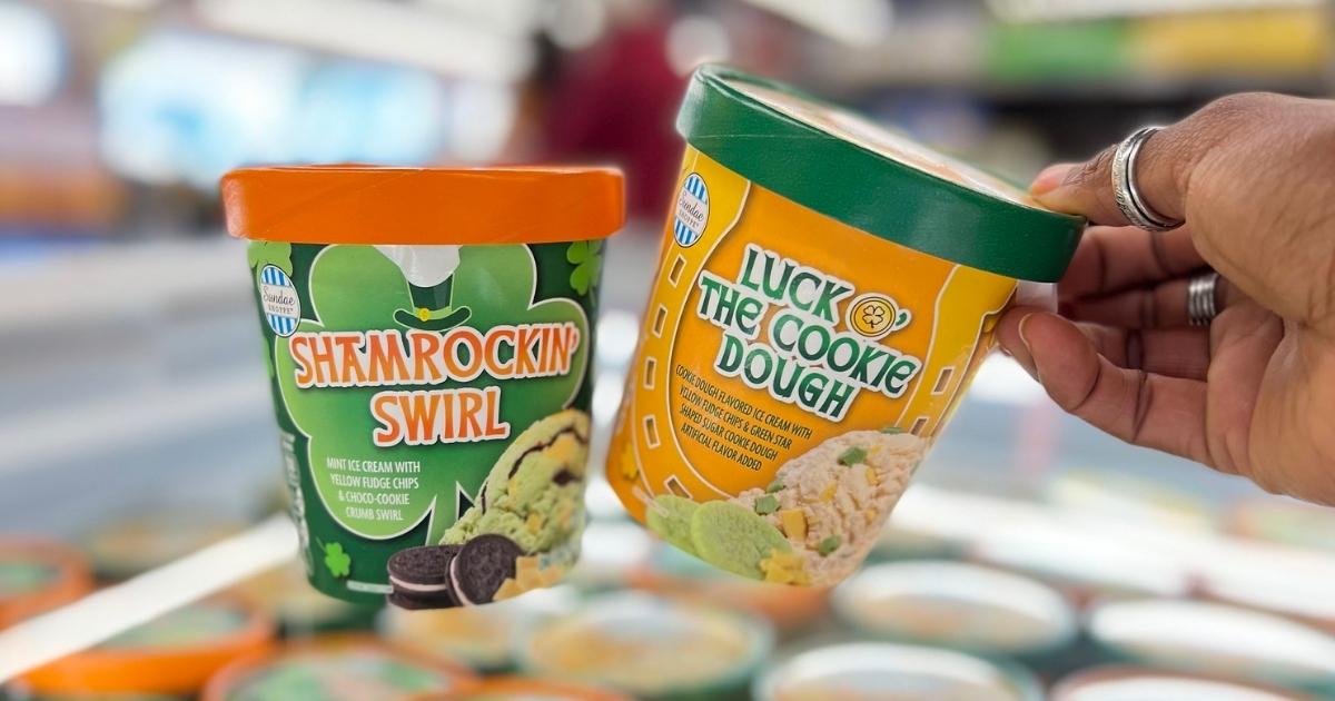 aldi st. patrick's day shamrock and cookie dough ice cream pints