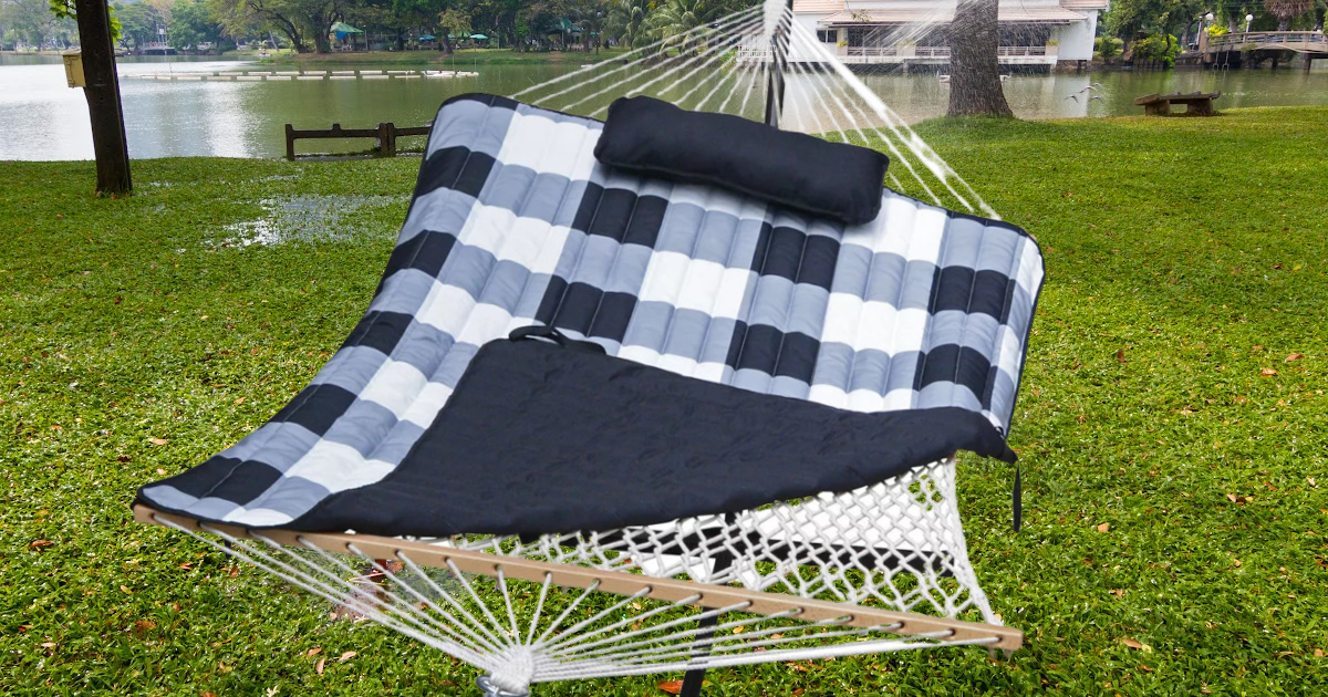 blue and white buffalo check hammock in park