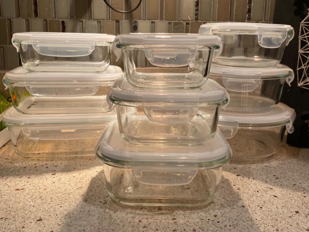 food storage containers on marble counter