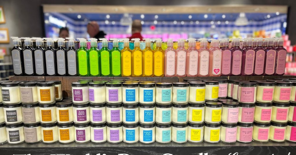 display of bath & body works candles and soaps