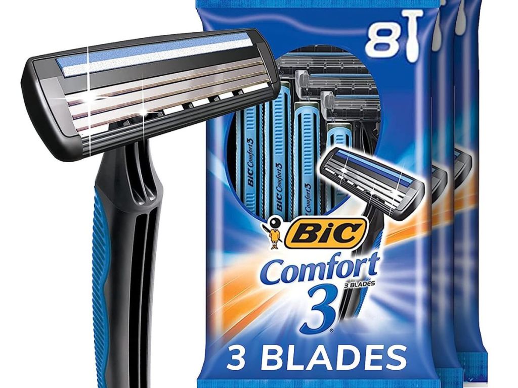 3 bags of Bic Comfort 3 Razors next to a stock image of a close up view of the razor