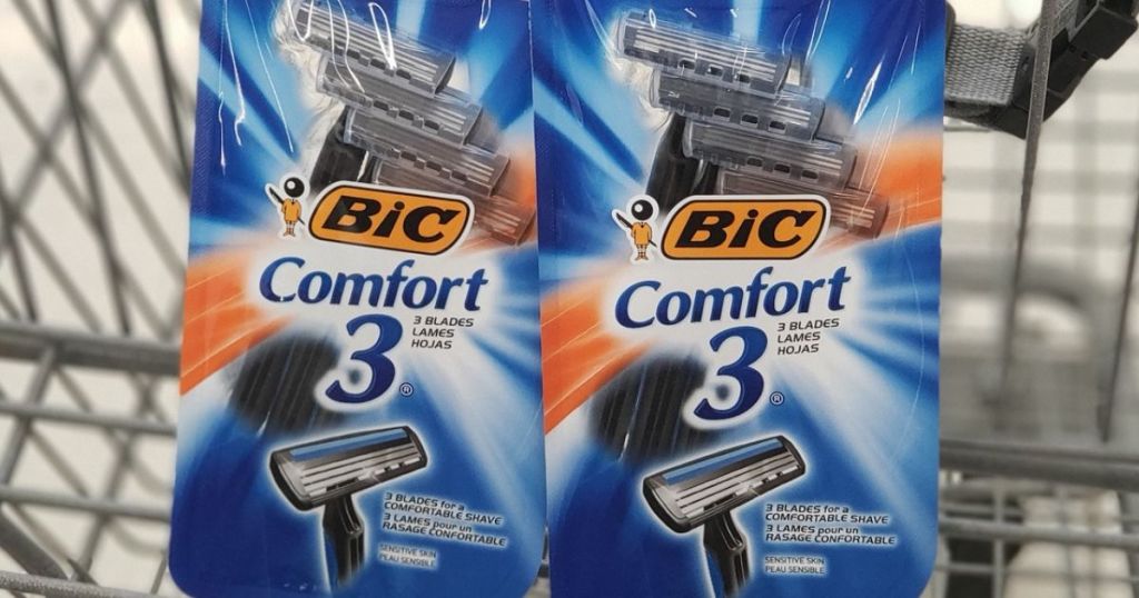 Bic Comfort 3 Razors in the front basket of a shopping cart