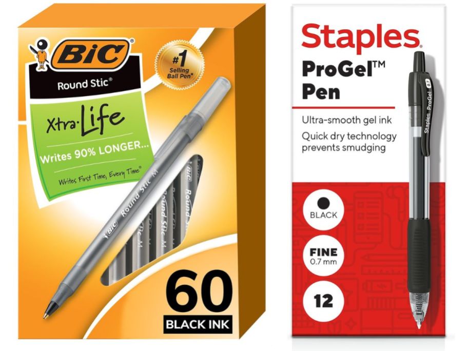 2 boxes of pens: Bic Xtra Life and Staples ProGel 