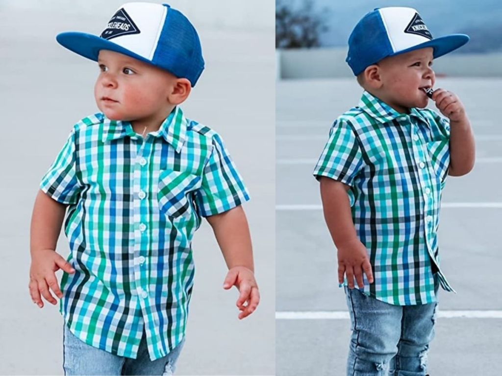 2 images of little boy wearing plaid dress shirt and trucker hat