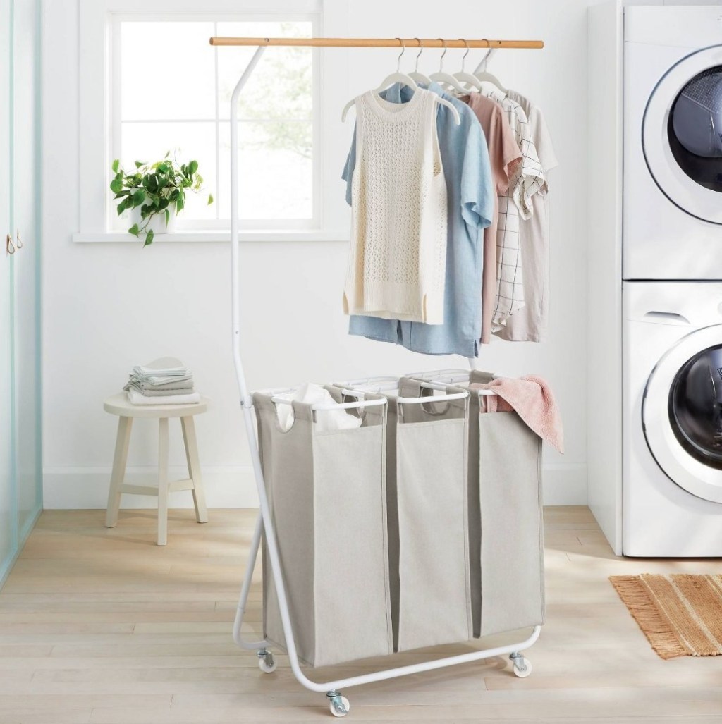 Brightroom Rolling Triple Laundry Sorter with Hangbar