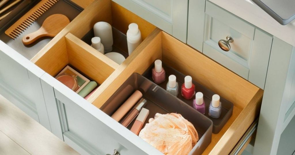 bathroom drawer with beauty products