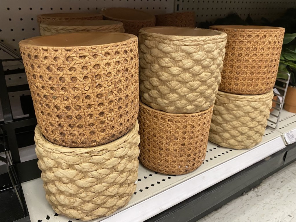 faux woven basket planters on store shelf