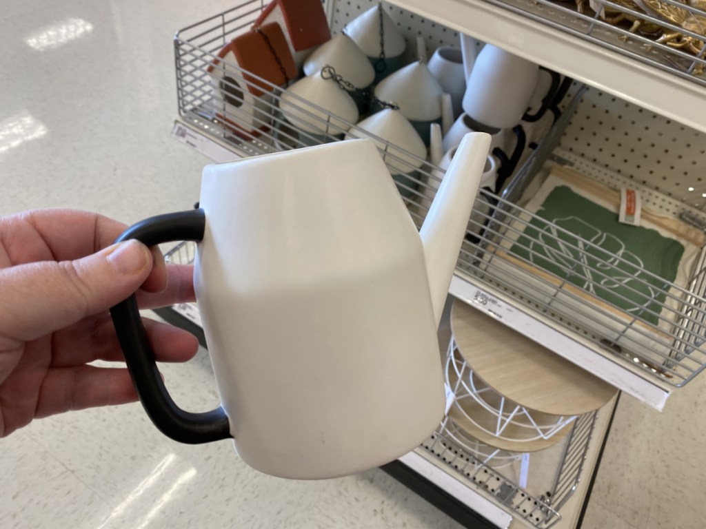 hand holding black and white watering can in store