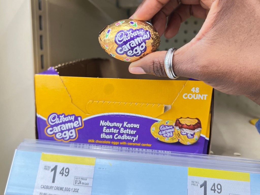 chocolate caramel Easter egg on store shelf
