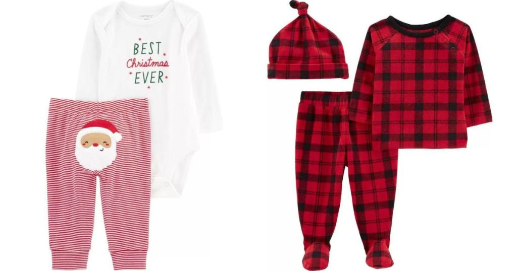 Two Carter's outfits, the first with Santa and the second is red plaid.
