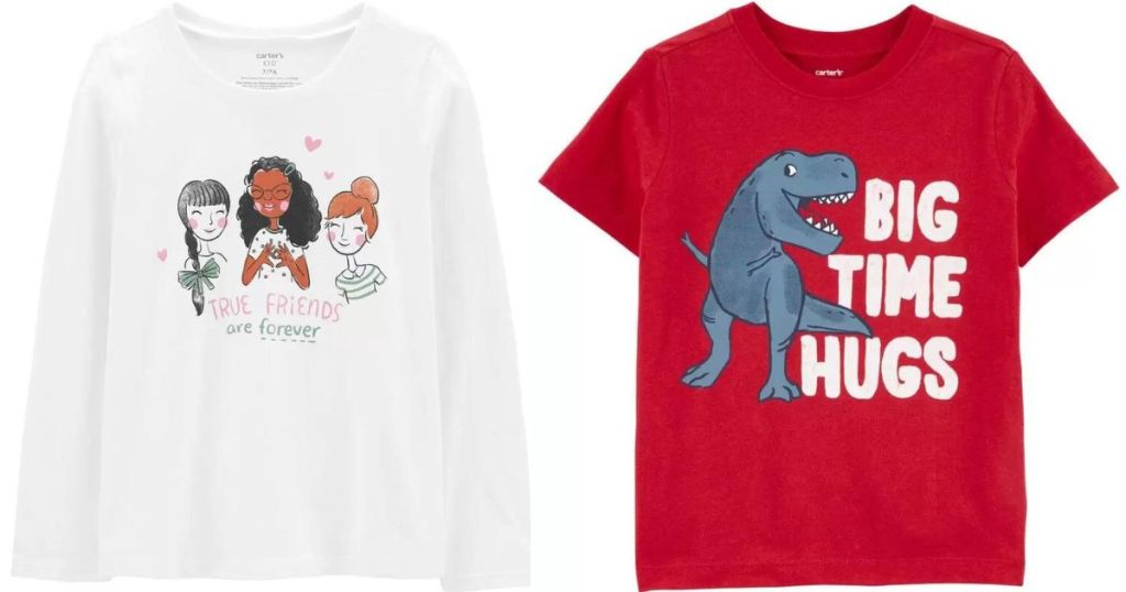 A shirt with three girls on it and a shirt with a dinosaur on it