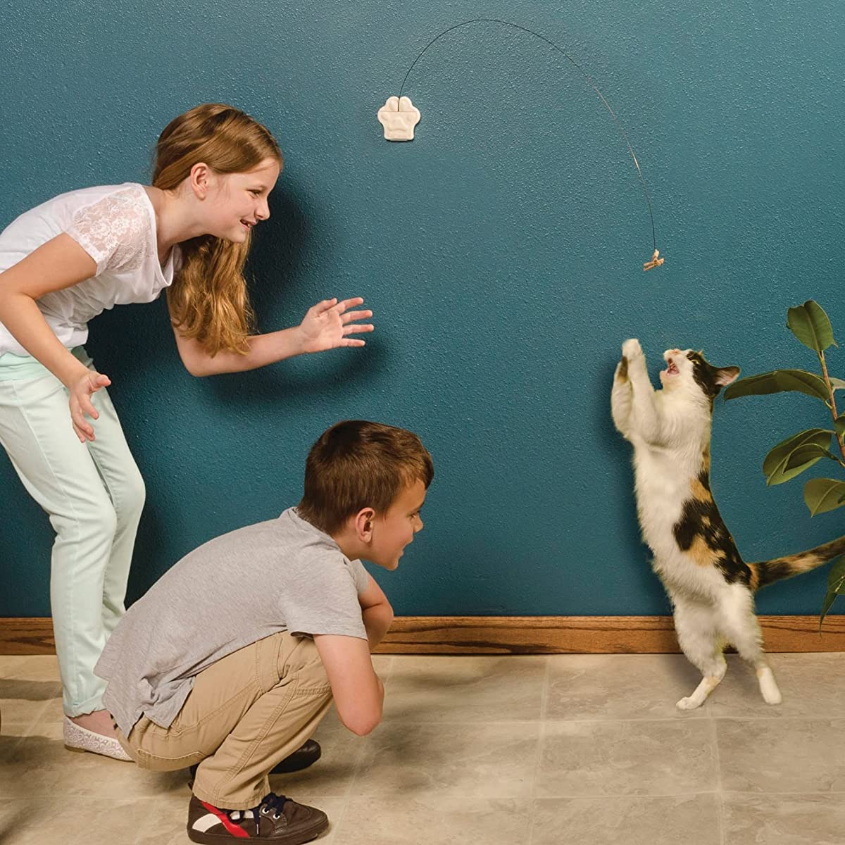 kids watching a cat play with a toy