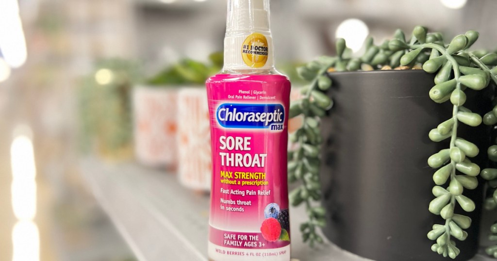 bottle of sore throat spray in store