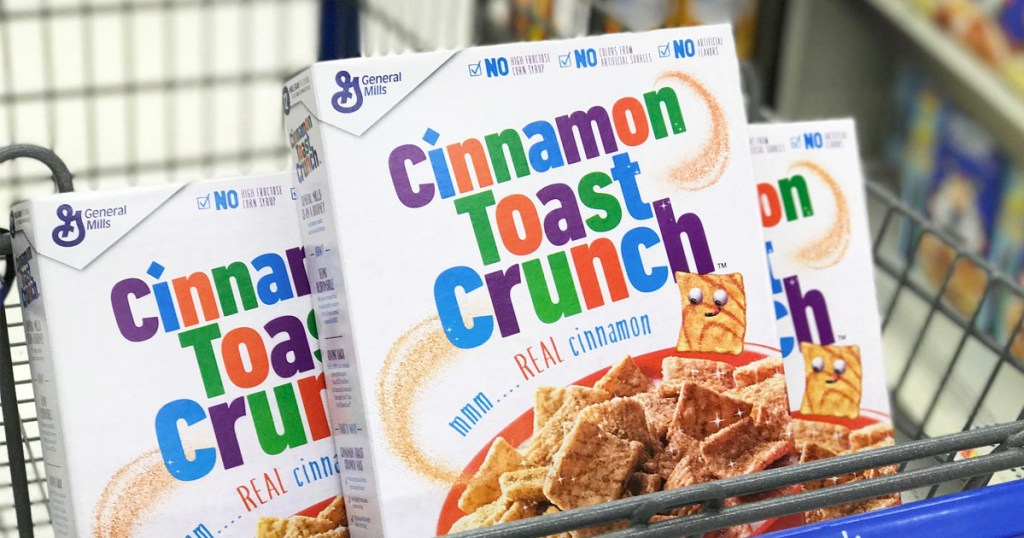 Cinnamon Toast Crunch boxes in shopping cart