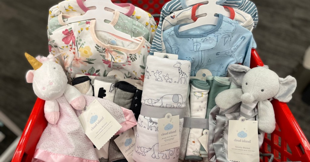 baby clothing in red cart