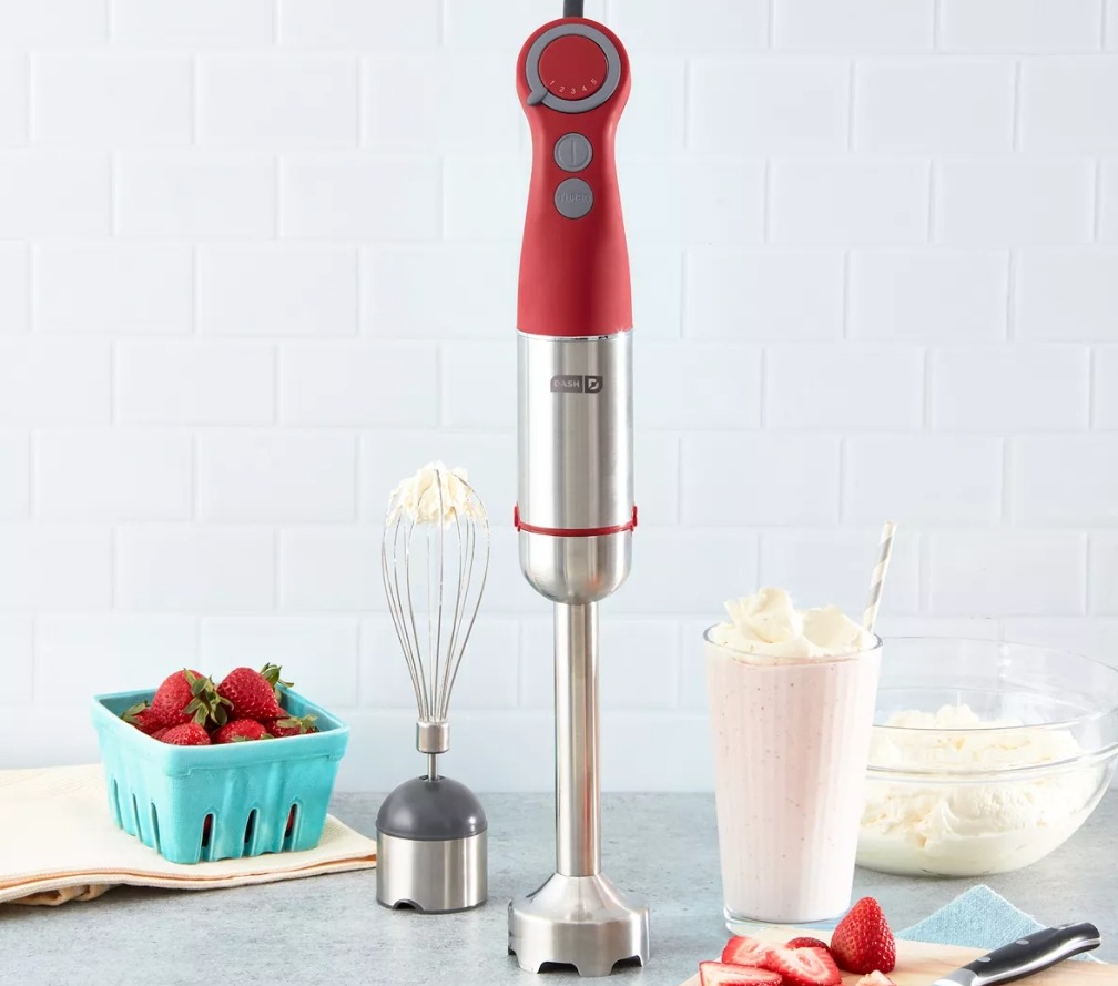 hand blender next to a smoothie