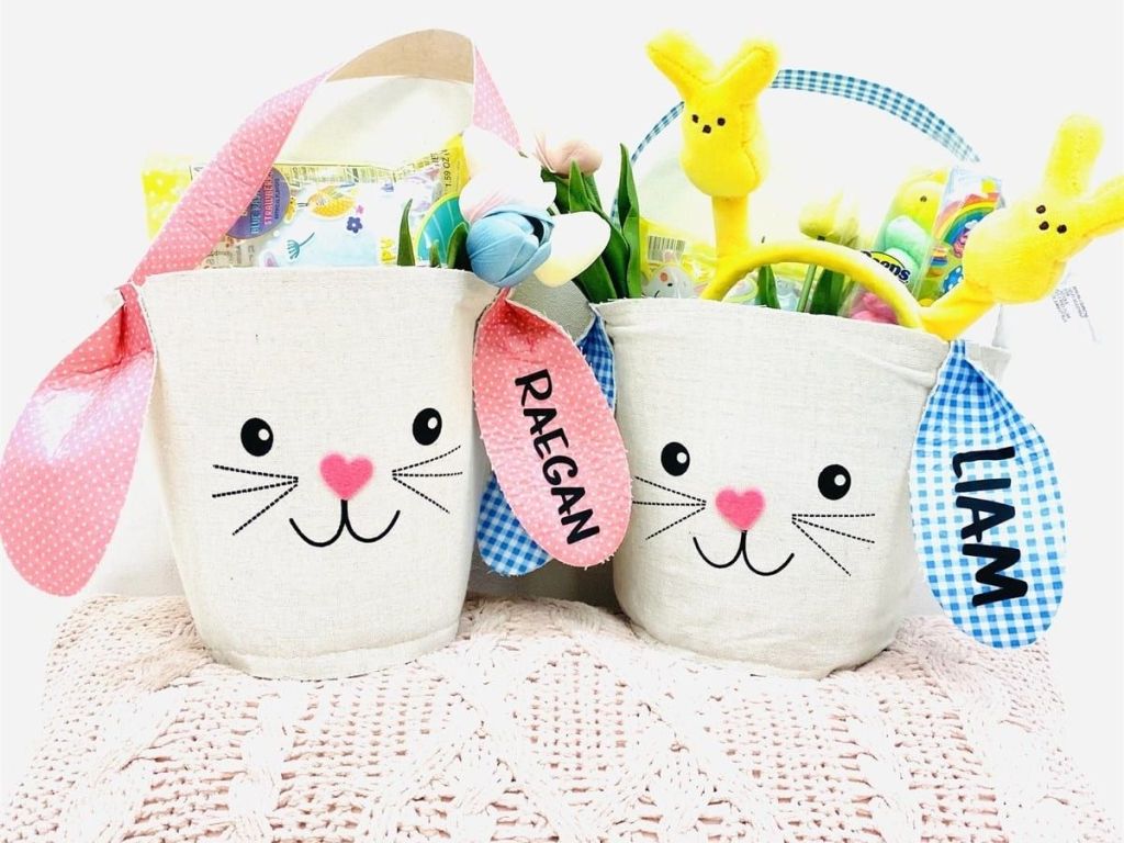2 Easter baskets with bunny faces and ears