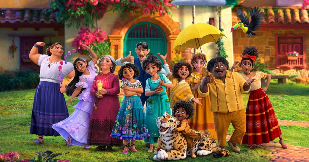A large animated family smiling in front of a house