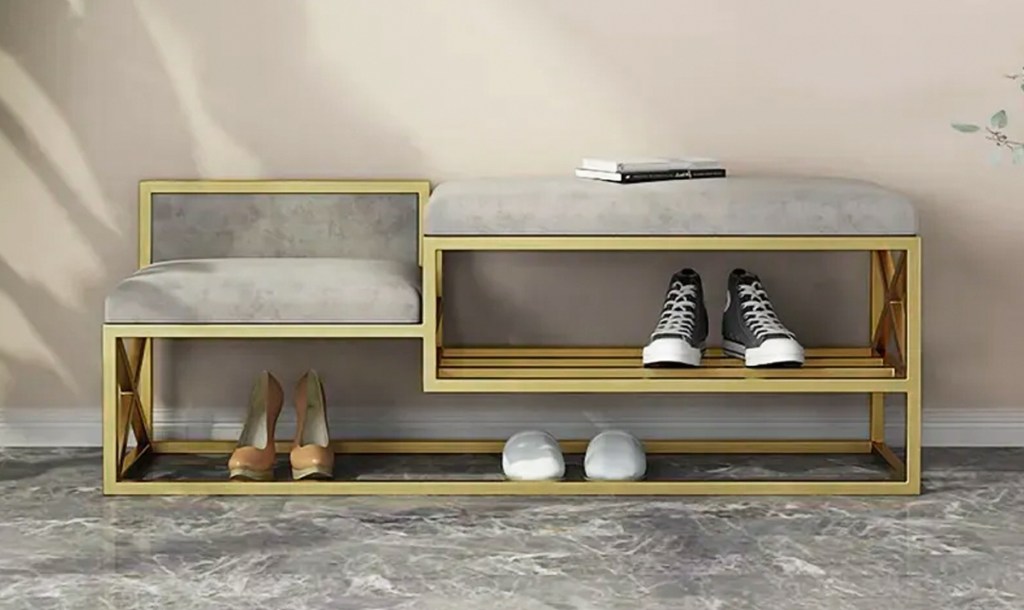 grey and gold entryway bench