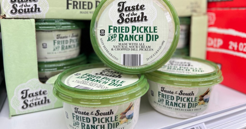 containers of fried pickle ranch dip on store shelf